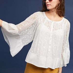 Anthropologie Akemi + Kin Embroidered Stars Sheer Bell Sleeve Top Fairycore LG
